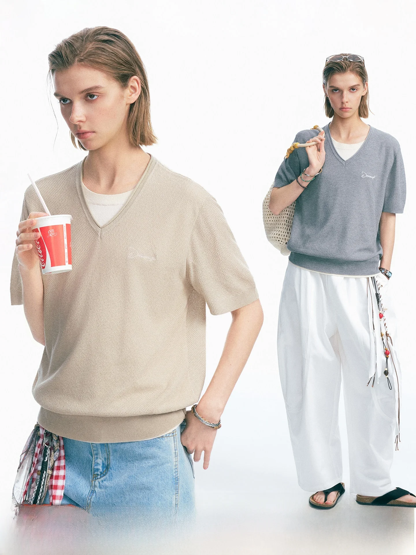 Dream Made Linen-Like Knitted Short Sleeve T-Shirt Men's Summer Lightweight V-Neck Breathable Comfortable Loose Fit Basic Style
