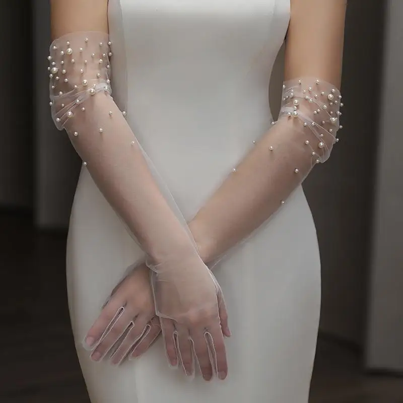 

PEORCHID Sheer Long Bridal Wedding Gloves With Pearls Fashion Gloves Women Mesh Gloves For Photoshoot Accessoire Mariage