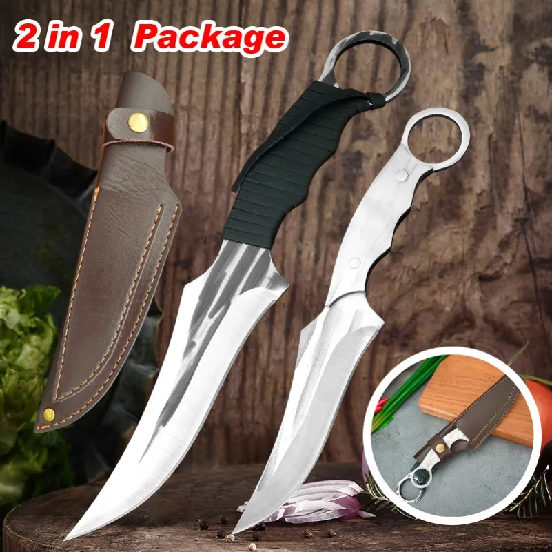 2PCS Set Buther Boning Knife Stainless Steel Handle Utility Knife Chef Slicing Meat Fish Fruit Sharp Cleaver Kitchen Knives Set