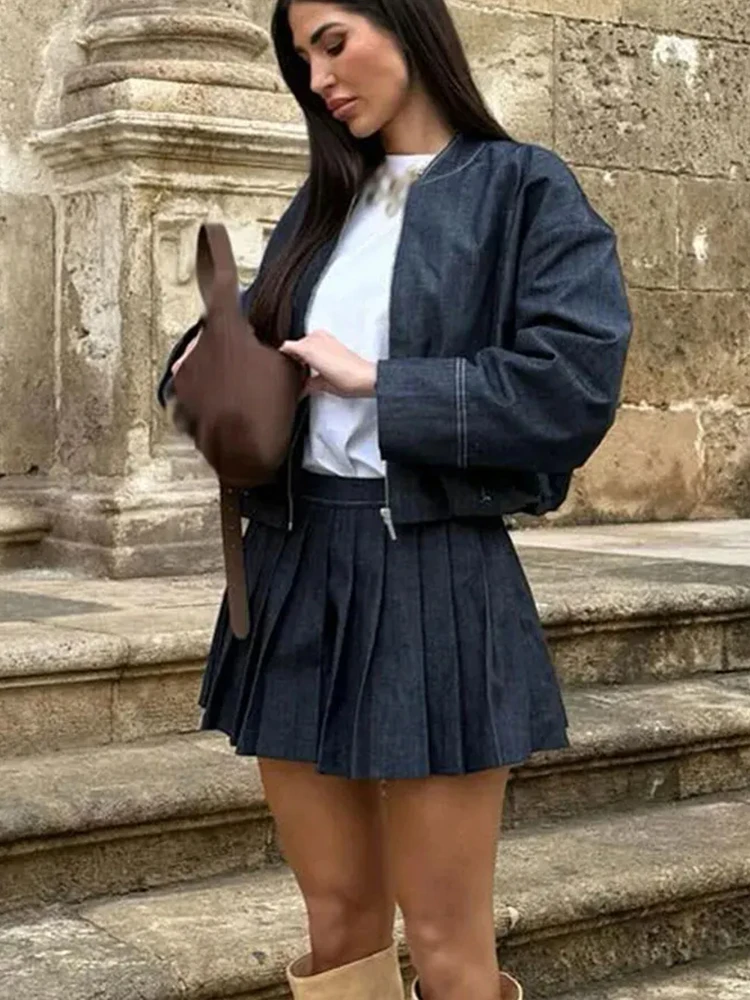 HH 2025 Women's Fashion Denim Jacket Casual Jacket Set Summer High Waist Pleated Mini Skirt 2-Piece Set Women's Streetwear
