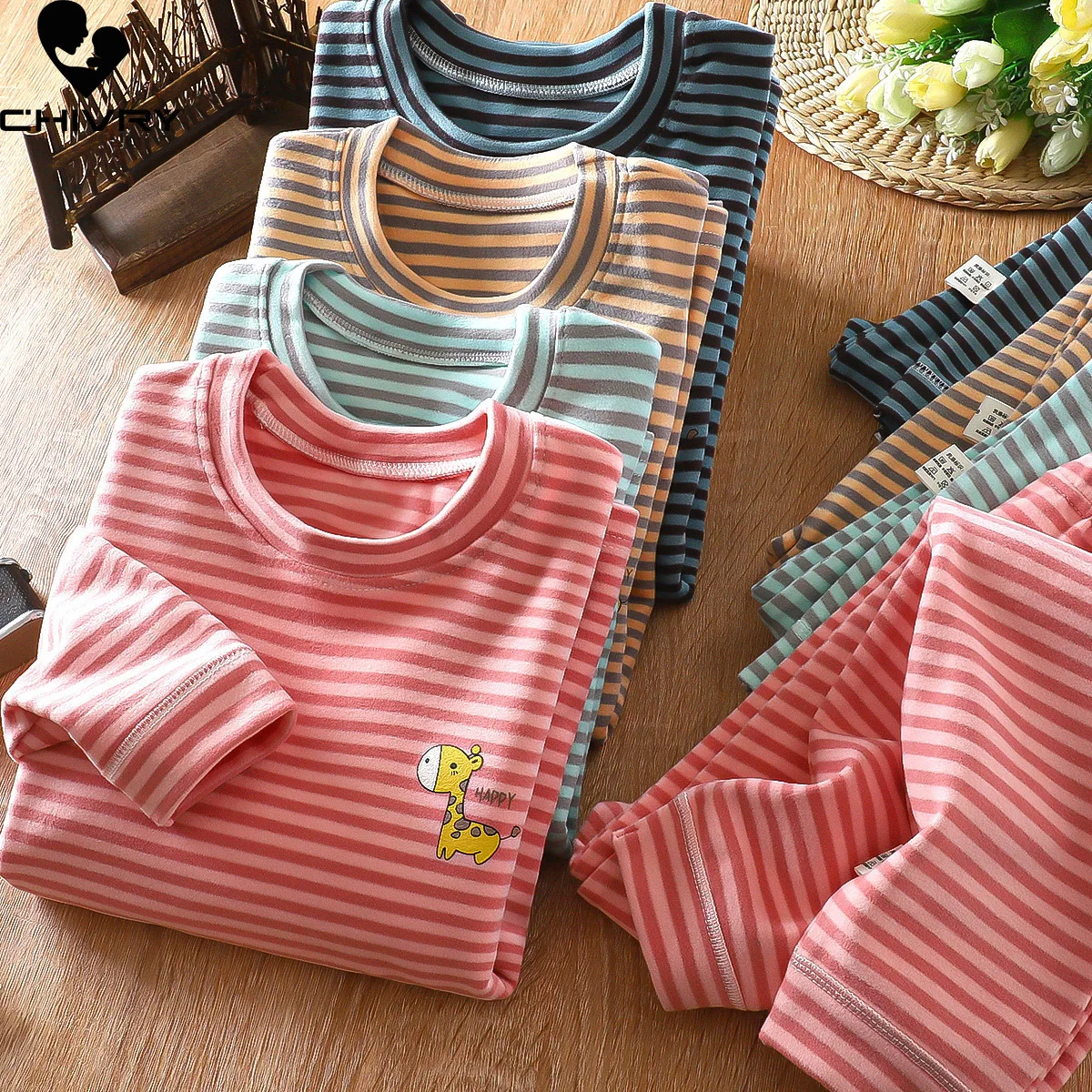 Novo outono inverno crianças pijamas do bebê meninos meninas listrado engrossar quente camiseta com calças juventude pijamas roupa de dormir