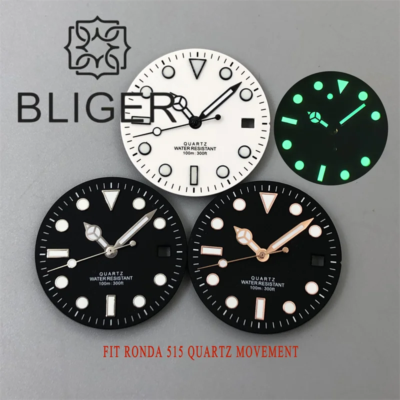 

BLIGER 29mm Matte Glossy Watch Dial Black White Dial Hands Green Luminous Fit RONDA 515 Movement Quartz Watch Accessories Parts