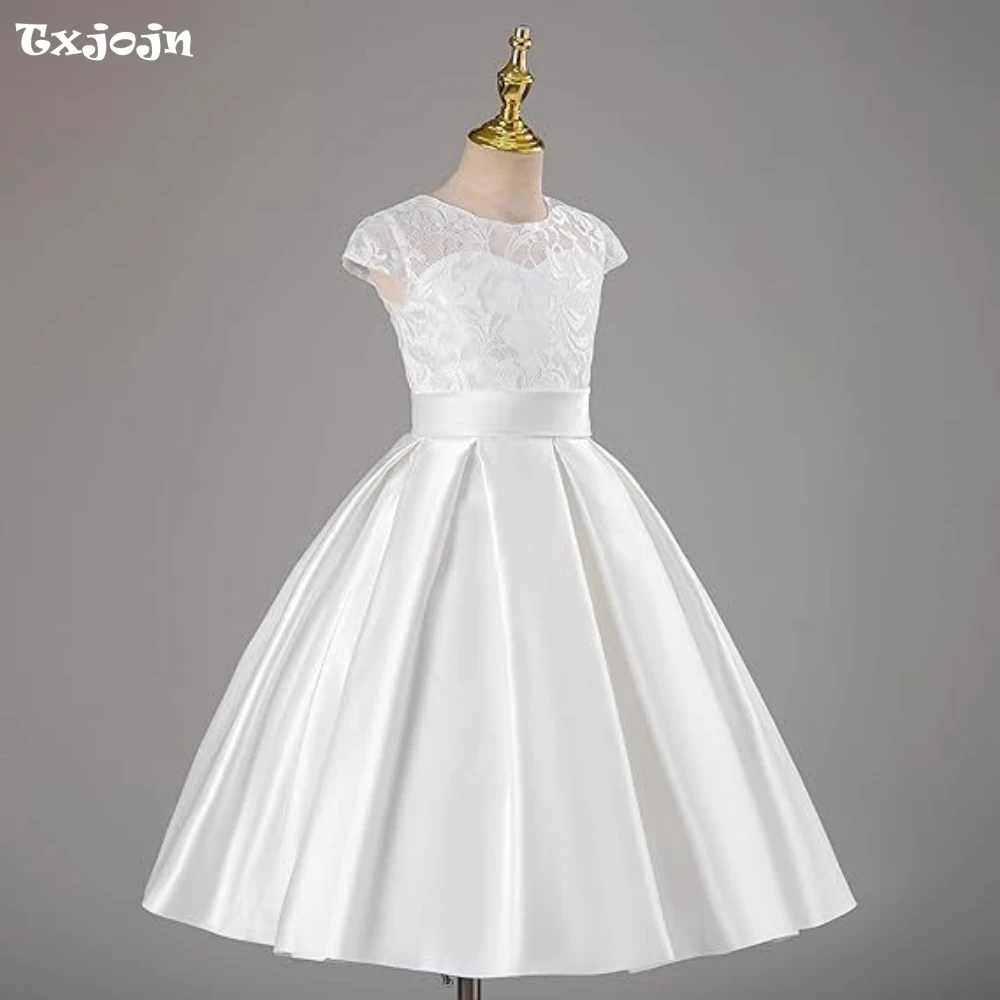 

Simple Comfortable kids Lace Satin Ball Gown Piano Contest Performance O-neck Short Sleeve Flower Girls Dresses For Wedding