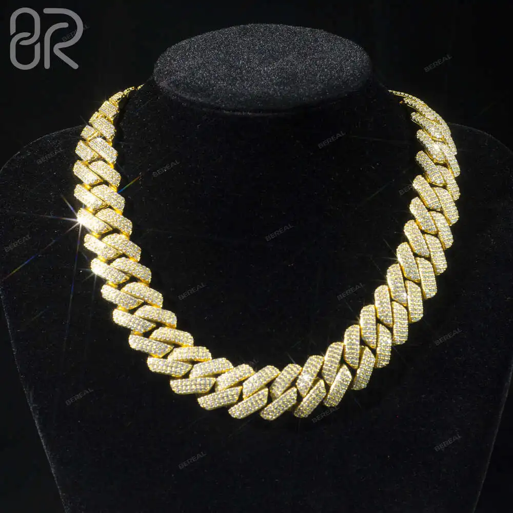 

Wholesale Price 18mm Moissanite Cuban Chain Fancy Jewelry Round Brilliant Cut Diamond Gold Plated 925 Silver Cuban Link Necklace