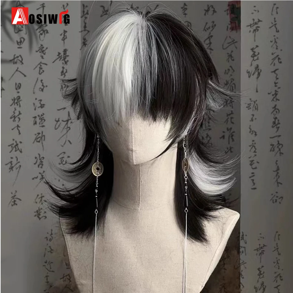 AOSI  Synthetic Short Straight Mullet Head Wigs with Bangs Anime Men Black White Gray Green Hair Wig for Daily Party Cosplay