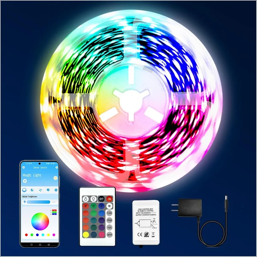 寝室用LEDライト 110フィート 1ロール LEDスマートストリップライト アプリ制御 リモコン付き RGB LEDライトストリップ 音楽同期 カラー