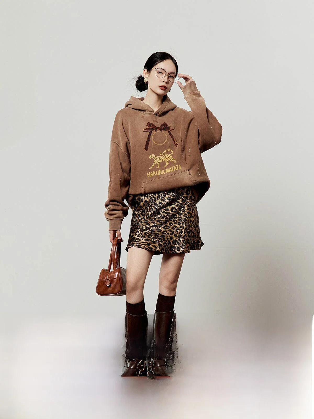 

Fleece Lined Leopard Print Sweatshirt Women's Brown Spring New Style Printed Casual Top Comfortable Loose Fit Hooded Sweatshirt