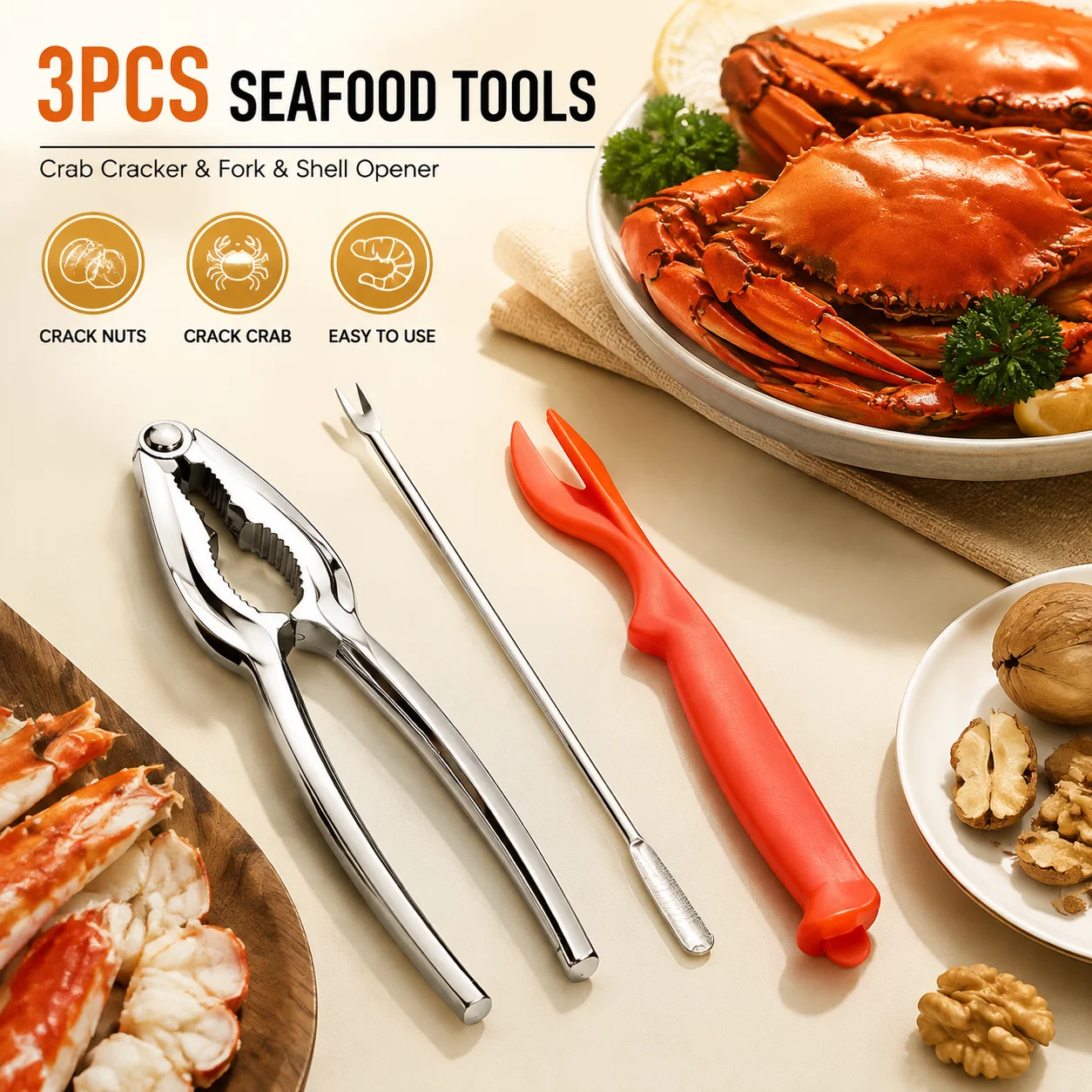 3Pcs Seafood Tools Set Zinc Alloy Crab Cracker Stainless Steel Fork Lobster Sheller Nut Cracker Kitchen Accessories