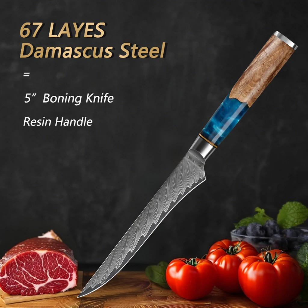 

5 inch Damascus Steel Kitchen Boning Knife Japanese kitchen Knife Vegetable Meat Fruit Paring with Blue Resin Handle