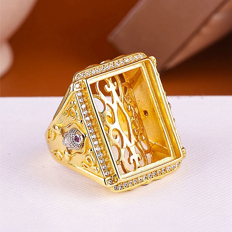 925 Sterling Silver Men Ring 17x22mm Princess Cabochon Semi Mount Engagement Wedding Ring Yellow Gold Color