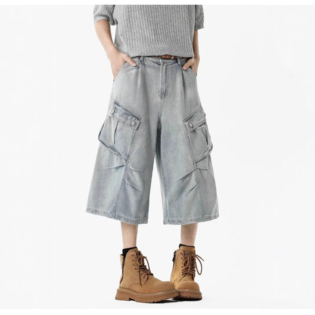 2026 New Men American Retro Washed Denim Capri Pants High Street Straight Loose Multi Pocket Casual Cargo Shorts Trendy Trousers