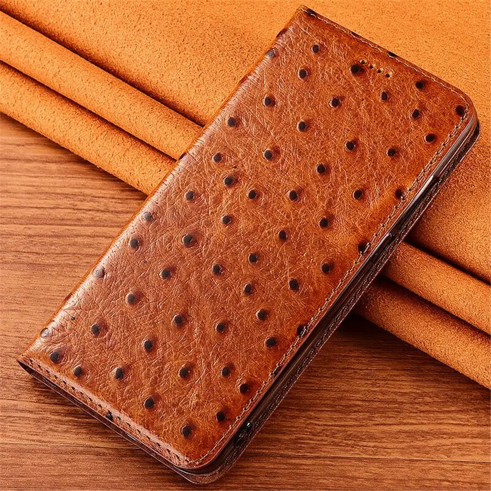 

Genuine Cowhide Leather Ostrich Flip Case For iPhone 12 13 14 15 Pro Max Card Holder Business Cover