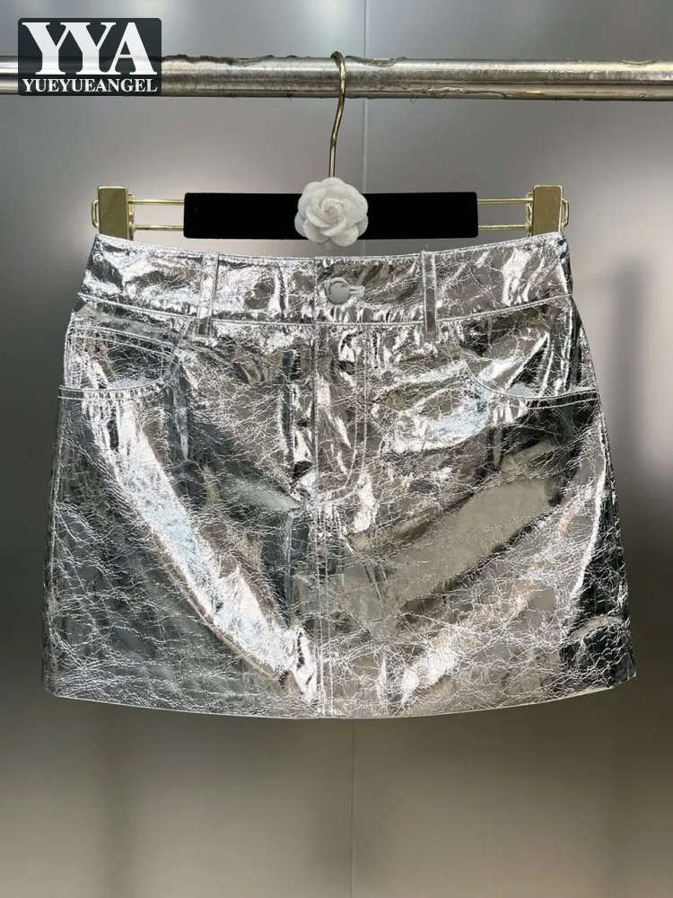 High Street Fashion Faux Leather Sexy Womens Skirt Summer A-Line Skirt Punk Style Nightclub Ladies Silvery Shiny Mini Skirts