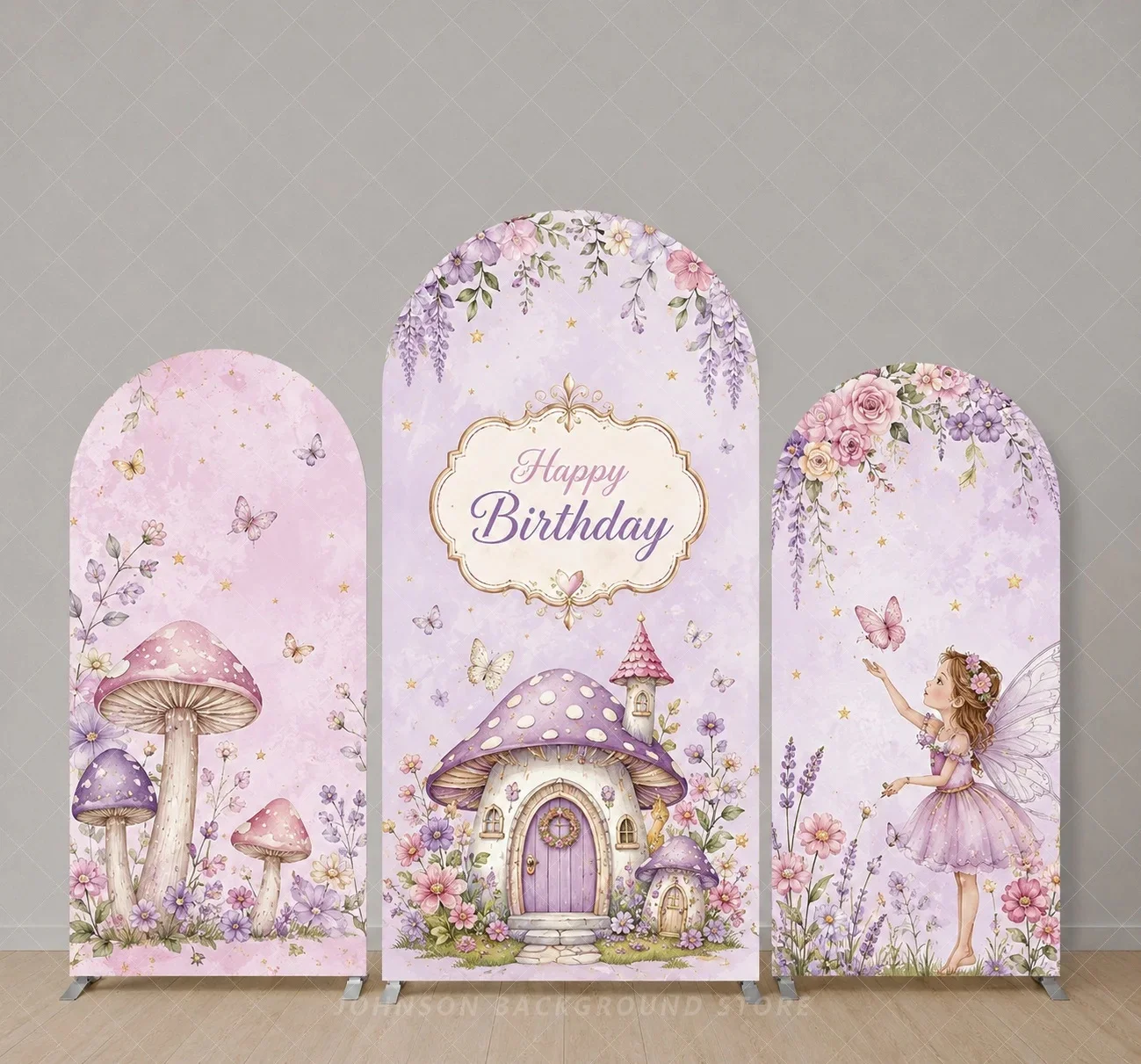 Fairy Garden Birthday Arch Cover Backdrop Whimsical Floral House flower 3 Panel background
