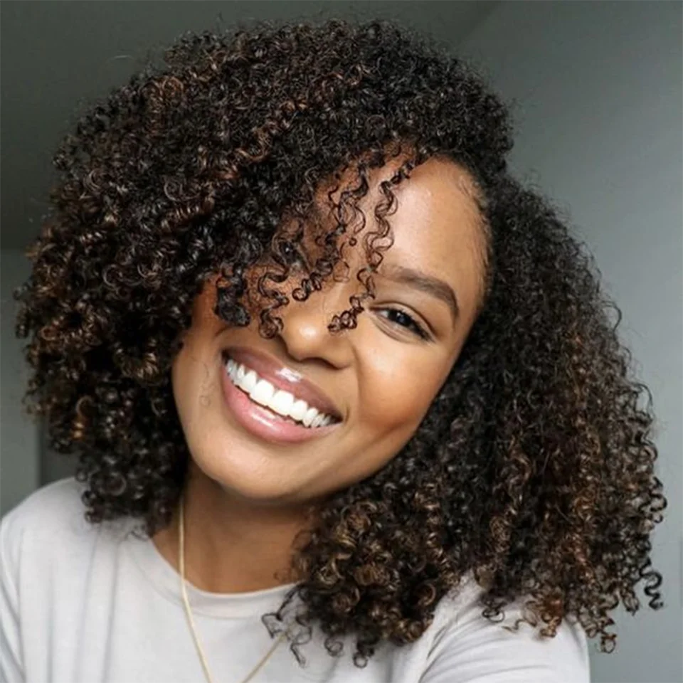 

Ombre Afro Kinky Curly Bob Wigs Brazilian Human Hair short curly Wigs Highlight Human Hair Wig With Bangs 180% Density For Women