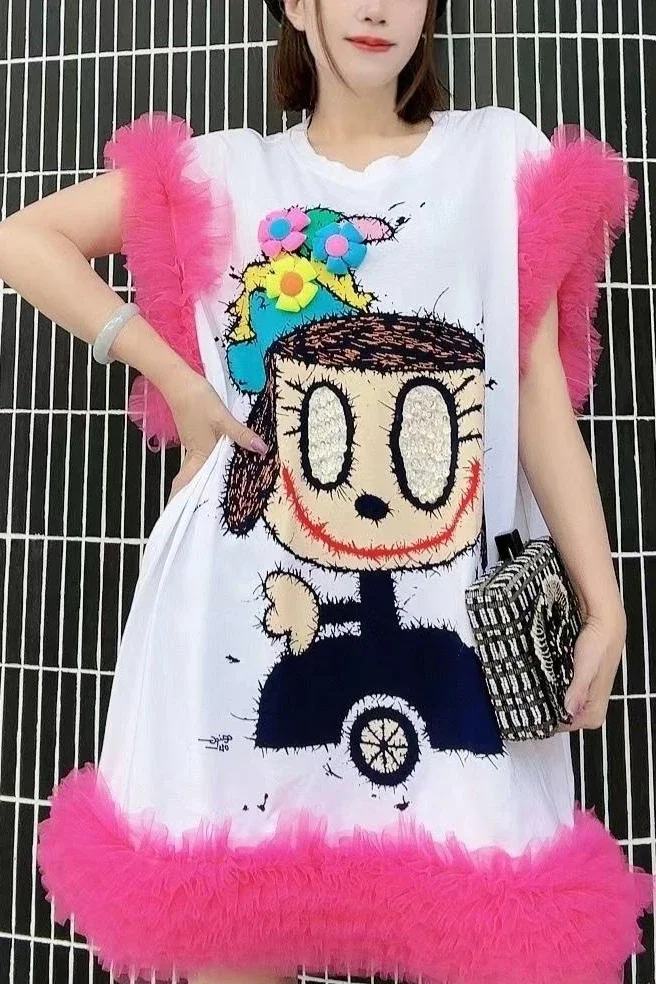 Women Summer Graffiti Cartoon Printed Diamonds Beaded T-shirts Loose Medium Length Mesh Spliced Ruffles 3D Flowers Tees Tops