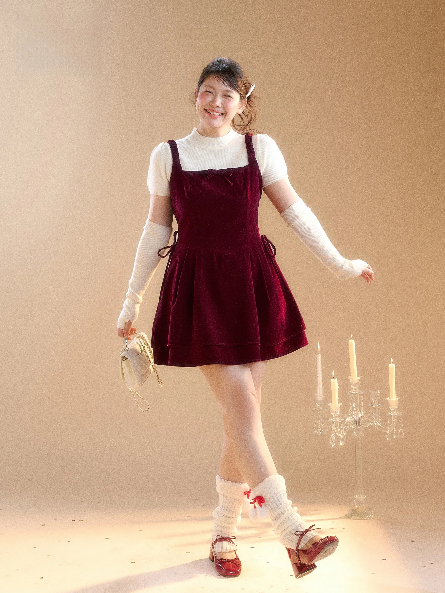 

Red Velvet Micro plus Size Women's Top And Skirt Set High Collar Long Sve Knot High Waist ort Skirt Commute Sle