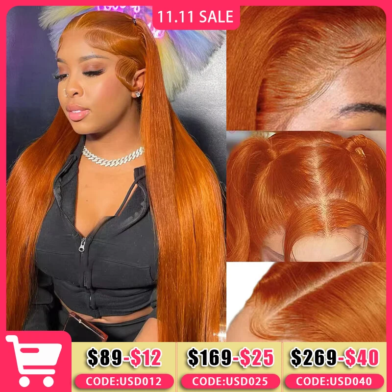 34 Inch Orange Ginger Lace Front Wigs Human Hair For Women Straight 13x4 13x6 Lace Frontal Wig 350 Colored Pre Plucked Peruvian