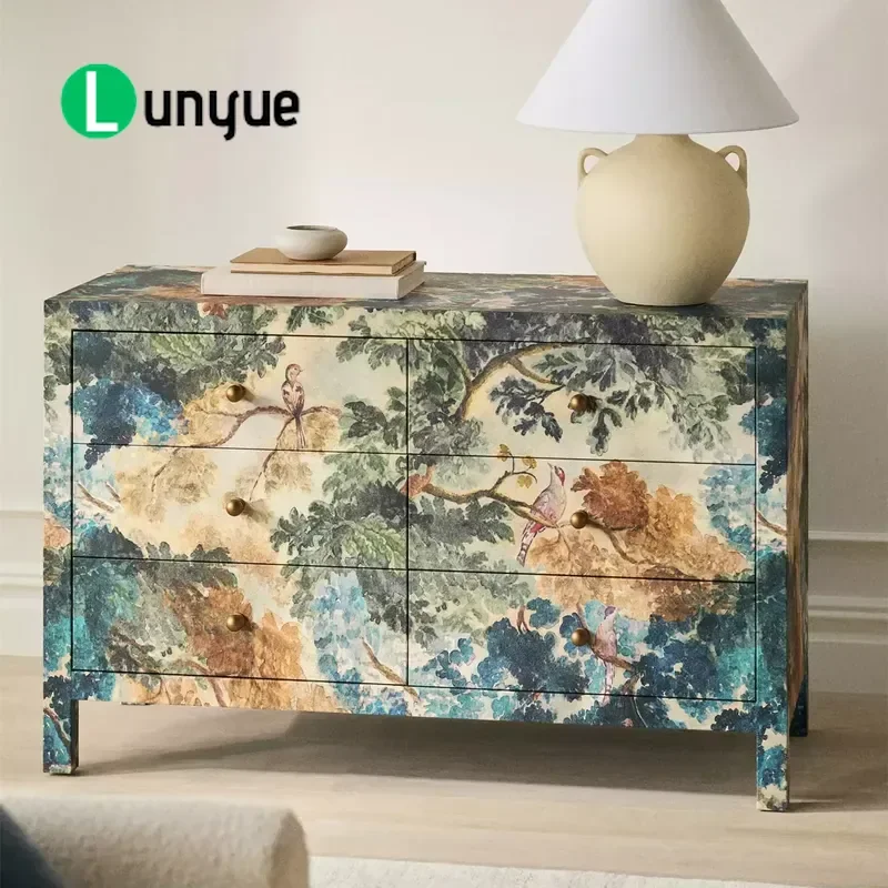 Vintage Forest Flower Bird Pattern 6 Drawer Cabinet Artistic Fabric Finish Storage Organizer for Living Room Home Decor
