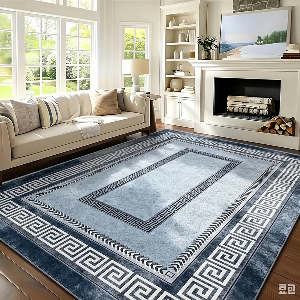 Rug Classic Greek Key Geometric Border Print Decorative Floor Carpet for Living Room Entry Hall Bedroom Elegant Traditional Home