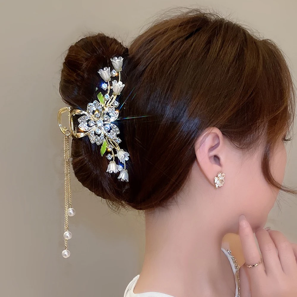 Haimeikang Rhinestone Tassel Hair Claw Golden Bow Flower Hair Clip Hairpin For Women Elegant Ponytail Fashion Hair Accessories