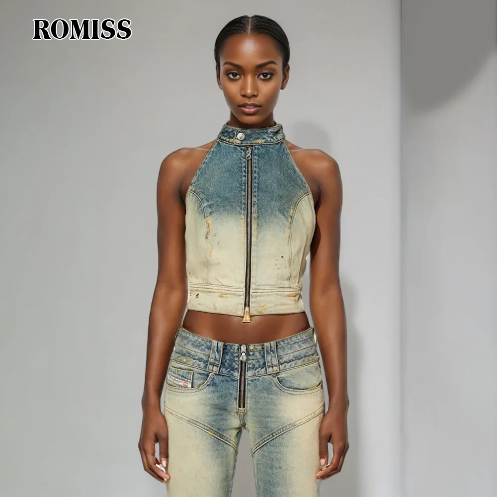 ROMISS Hit Color Patchwork Zipper Backless Denim Tank Tops For Women Halter Sleeveless Spliced Button Sexy Streetwear Vests