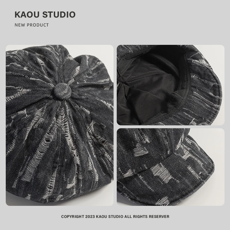 Korean Version of Personalized Old Denim Hole Design Beret Women\'s Spring and Autumn Large Version Casual Octagonal Painter Hat