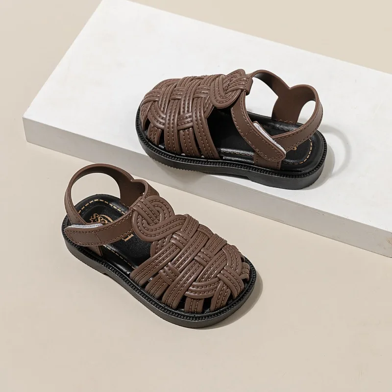 

Летние классические сандалии для малышей, плетеные сандалии для мальчиков и девочек, уличные римские сандалии, ретро-сандалии с вырезами, детские туфли на плоской подошве, нескользящие