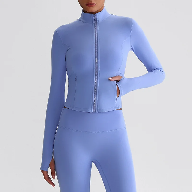 Solid Color Women Sport Jacket Long Sleeve Zip Gym High Neck Zipper With pocket Coat Fitness Top Comprehensive Training Sportwea