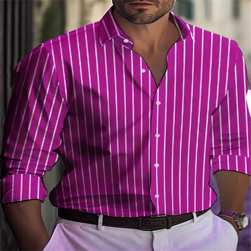 Men's stylish striped loose shirt, casual breathable lapel button-down shirt, long sleeve shirt, soft and comfortable fabric top