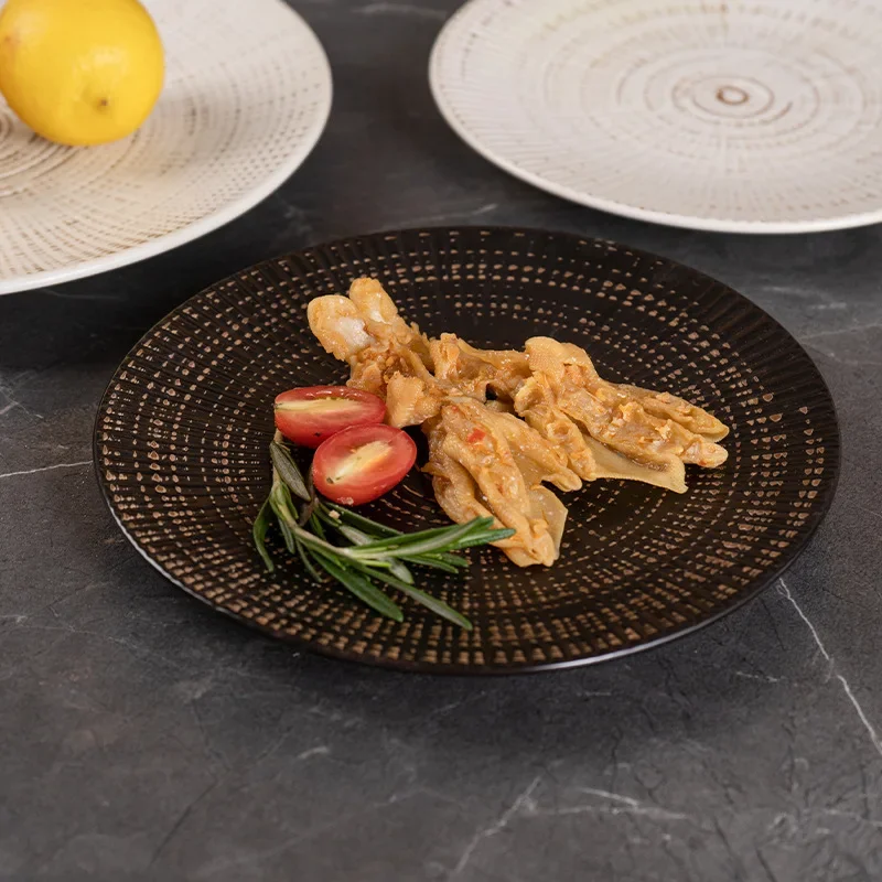 Japanese ceramic Western plate Threaded flat  Commercial household retro disc Western steak Internet celebrity breakfast salad