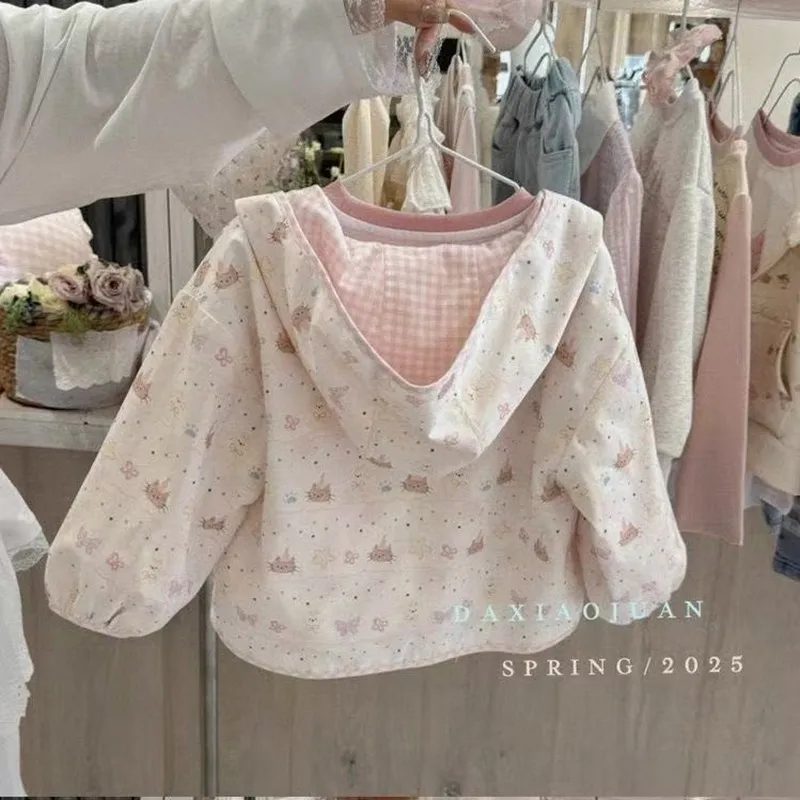 

Girl Spring and Autumn Cute Double sided Hooded Coat 2025 New Children's Girl Checkered Coat Top
