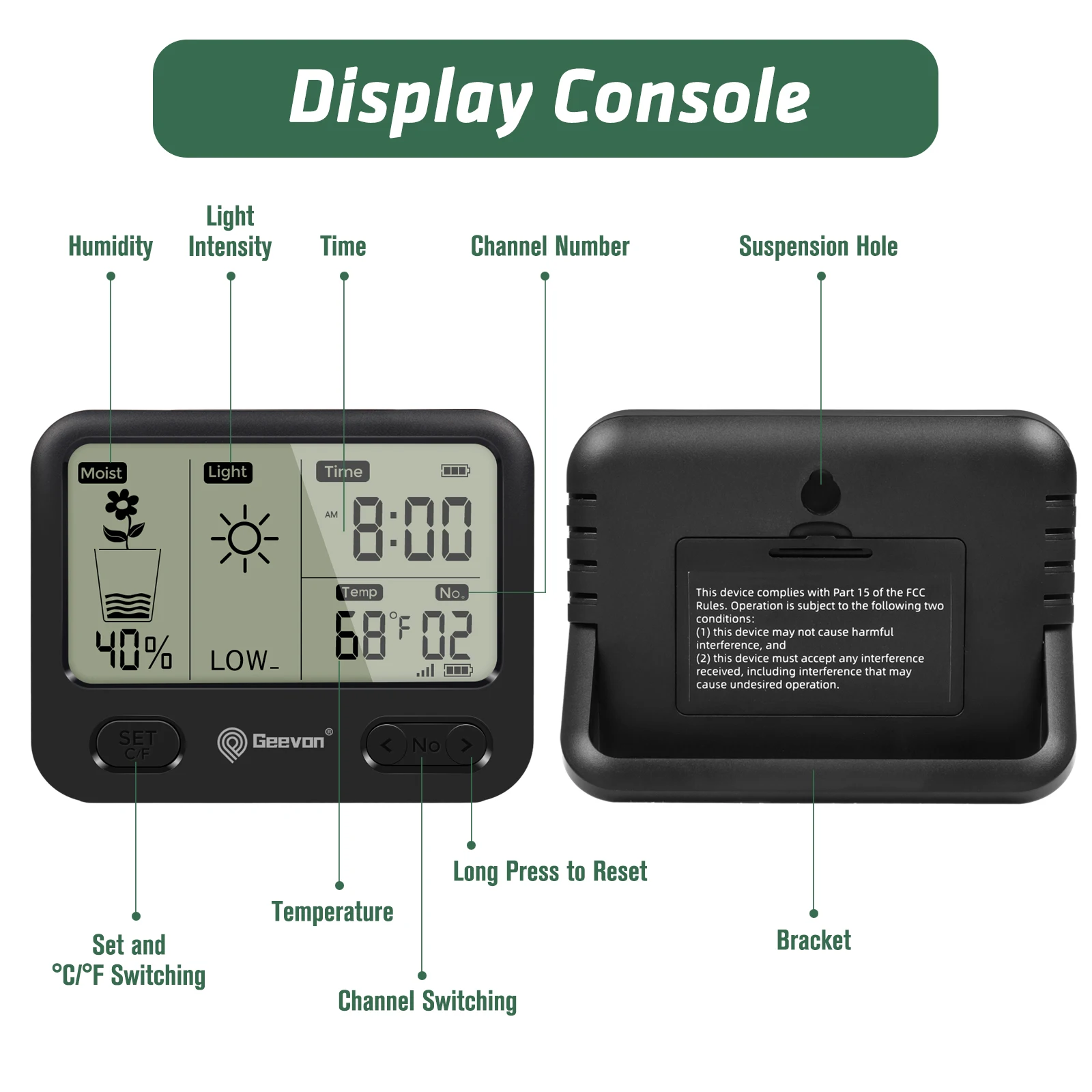 Geevon 4-in-1 Plant Soil Moisture Meter with Wireless 492Ft/150M Range, Temperature,Sunlight, and Time for Indoor Outdoor Plants