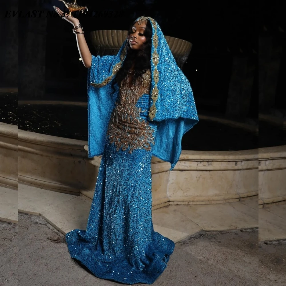 EVLAST 맞춤형 아프리카 블루 스팽글 인어 댄스 파티 드레스 반짝이는 크리스탈 비즈 케이프 아소 에비 파티 가운 로브 드 소와레 E3P554
