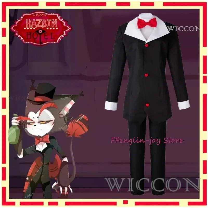 Disfraz de Cosplay de cáscara, uniforme de Hazbin, disfraz de Hotel de cáscara, chaqueta negra para hombre, pantalones, trajes de fiesta de Halloween con pajarita
