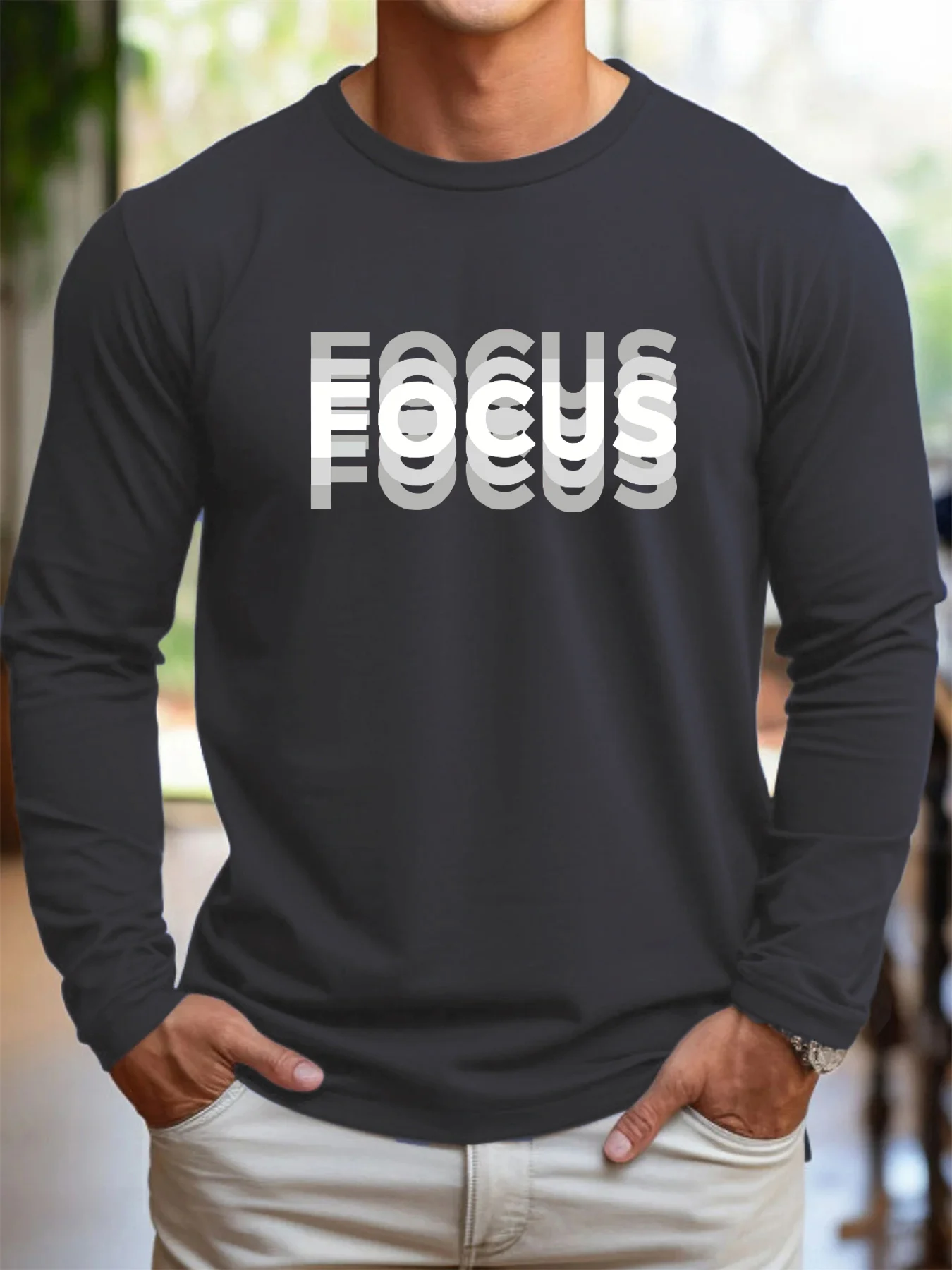 Men's Spring and Autumn 100% Cotton Comfortable Casual FOCUS Letter Pattern Printed Round Neck Long Sleeve T-shirt Top