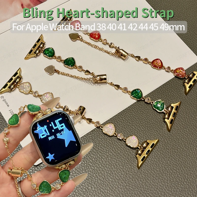 

Bling Heart-shaped Strap for Apple Watch Serie 7 Correa 45mm 41 49 Metal Chain Bracelet for IWatch Band 9 8 Se 6 5 40mm 44 38 42