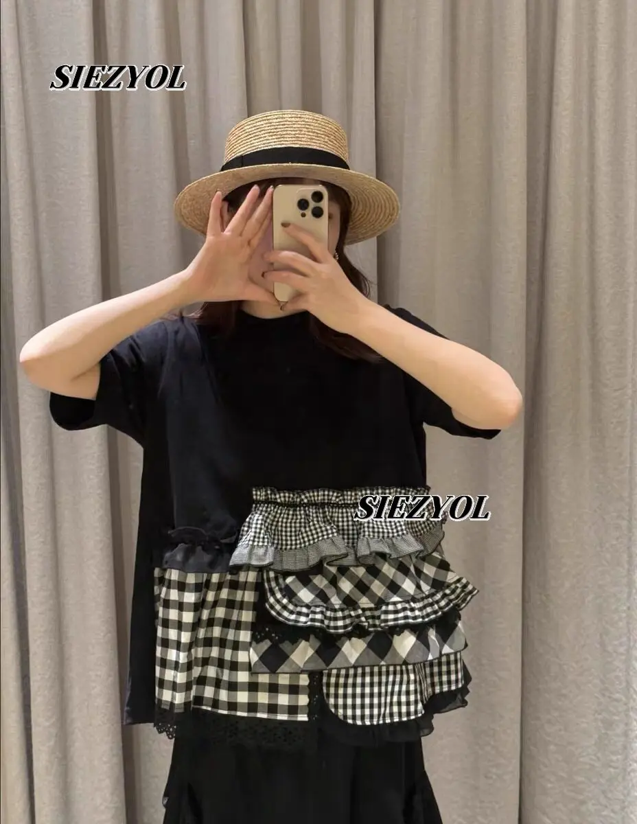 2026 Summer New Arrival Japanese Style Sweet Girls Black Short-sleeve T-shirt Classic Color Block Crew Neck Casual Tops