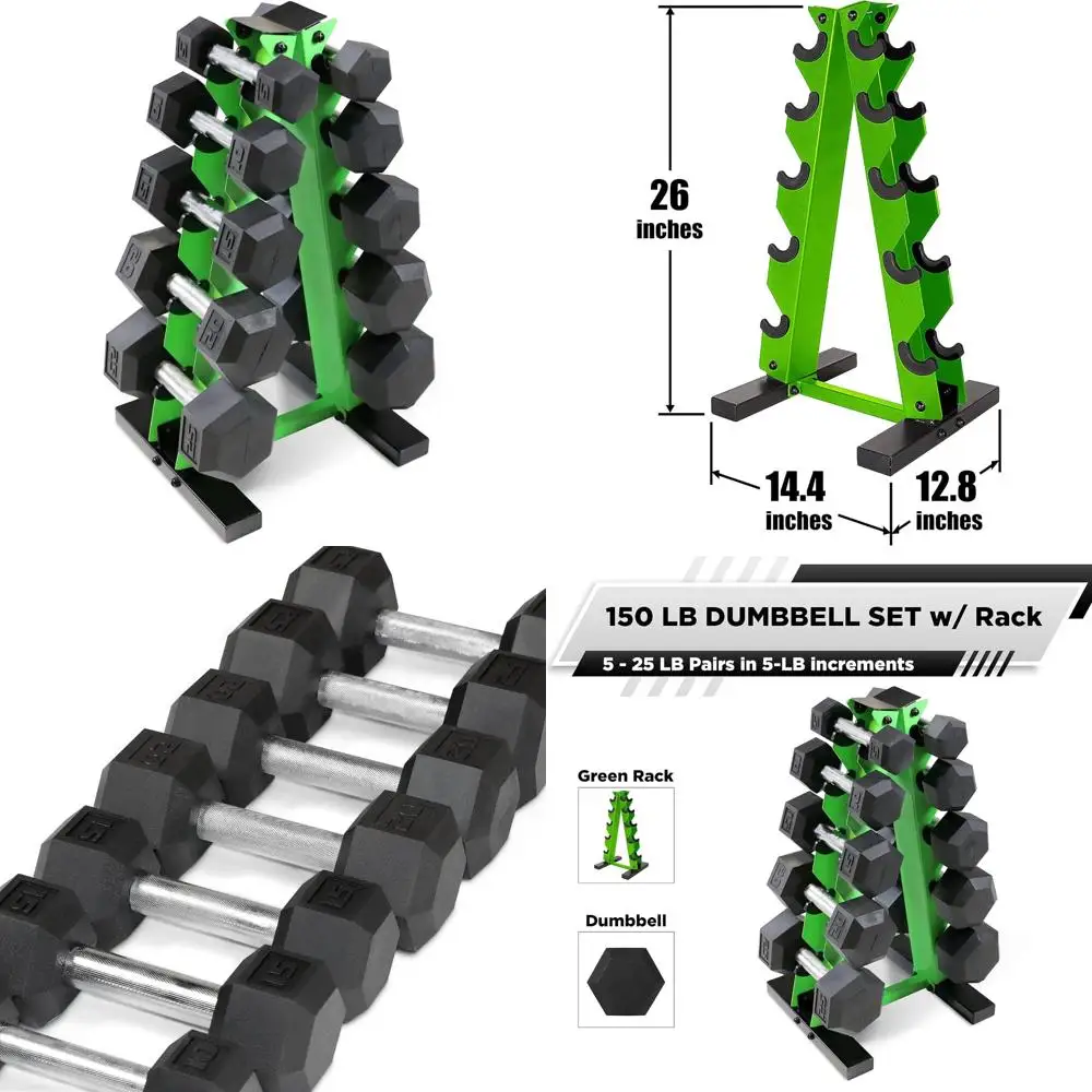 Juego de mancuernas hexagonales recubiertas de goma de 5-25 libras con estante de almacenamiento con marco en A para entrenamiento de tonificación muscular y fuerza