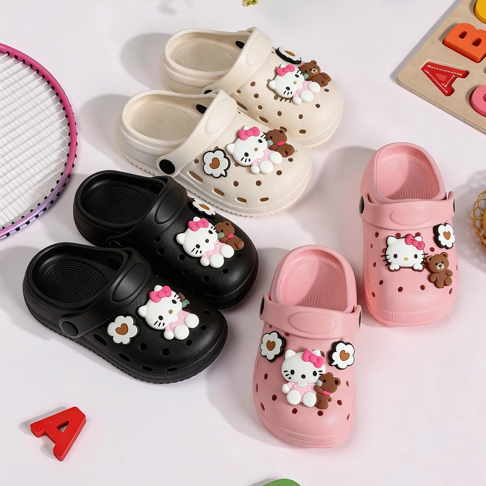 Hello Kitty Girl Cartoon Slippers Summer Hole Shoes Cute Sanrio Children Bag Head Breathable Outside Wear Kids Beach Sandals