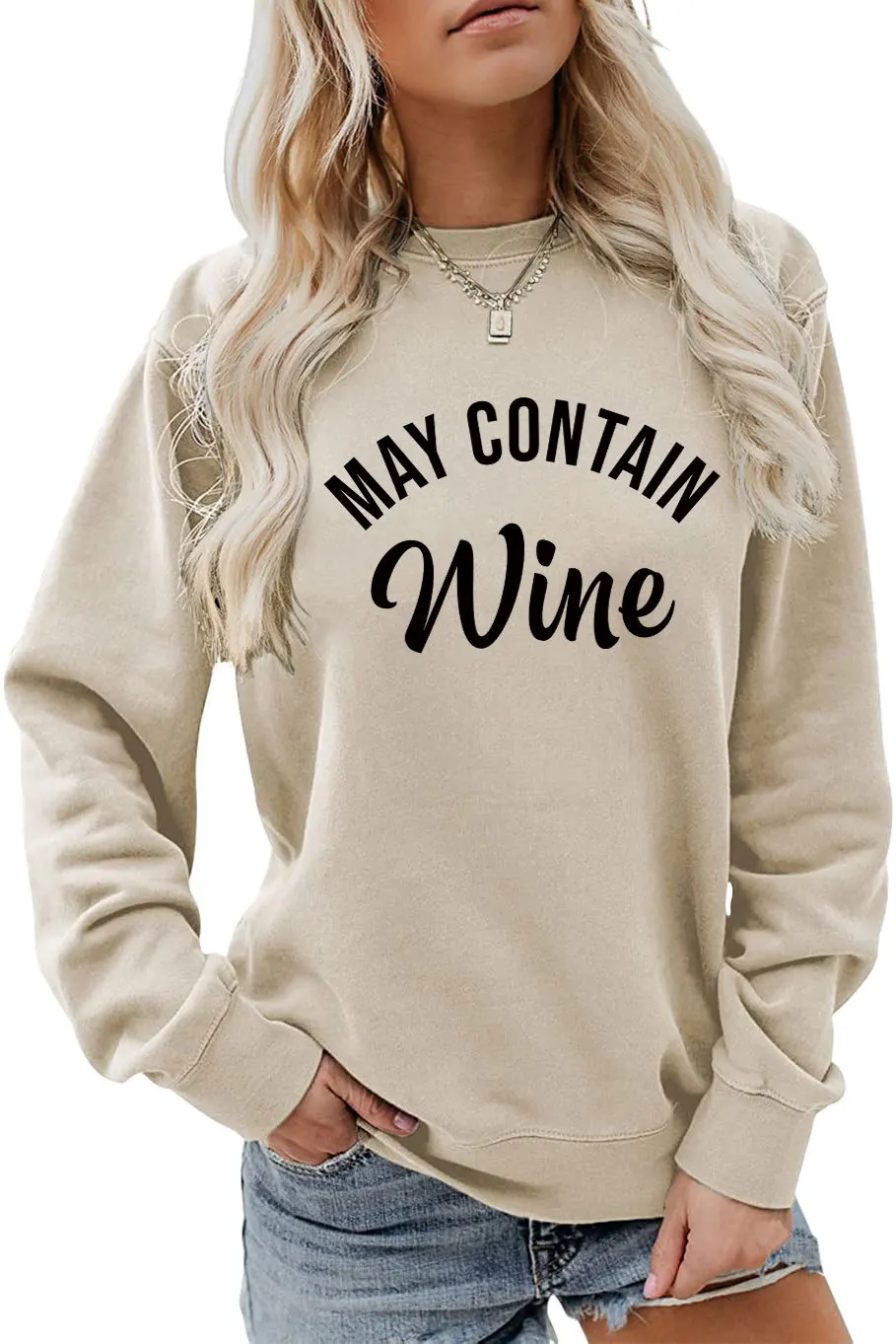 Autumn new loose women's long-sleeved T-shirt hoodie MAY CONTAIN Wine print casual round neck pullover with a stylish top