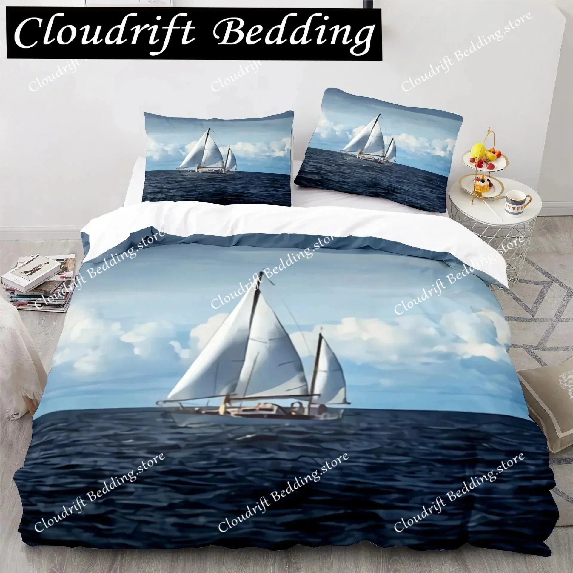 3D Print Wave Duvet Cover Set,Sea Ocean Nautical Bedding Set Sailboat Comforter Cover,Queen King Full Twin Polyester Quilt Cover