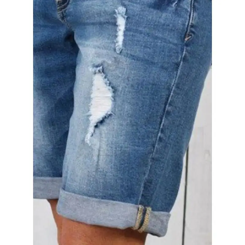 

High Waist Straight Leg High Elasticity Denim Jeans Women's Five-Point Pants Tear Hole Design Comfortable Cotton Blend