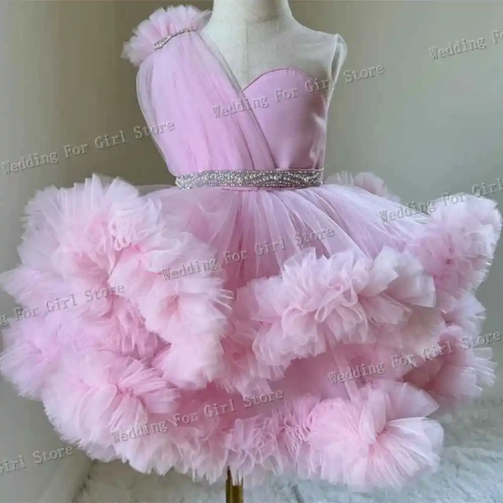 Cute Puffy Pink Flower Girl Dress Crystal Belt Little Princess Birthday Party Dress Cloud Tiered First Communion Gown