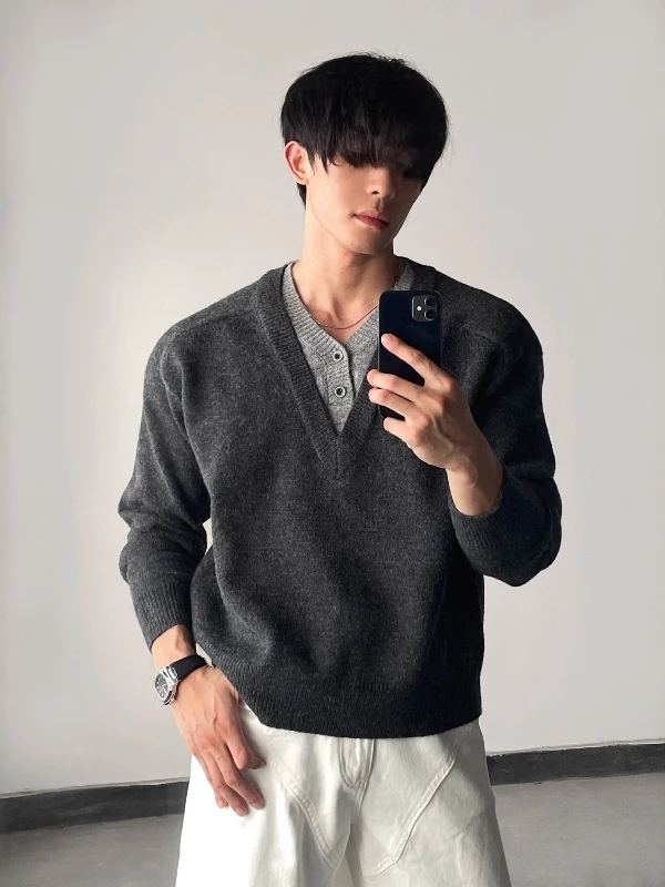 

American Sle Cleanfit V-Ne Knitted Sweater Fake Two-Piece Loose Fit Winter Casual Wear for Men And Women