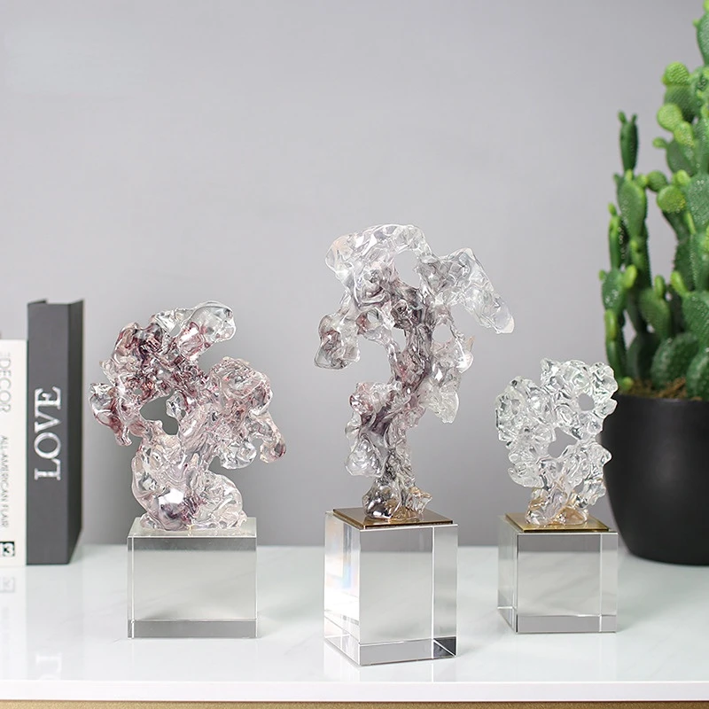 

Resin Sculpture Coral Stone Hollowed Out Transparent Statue Crystal Base Decorative Figurines Home Decoration Accessories