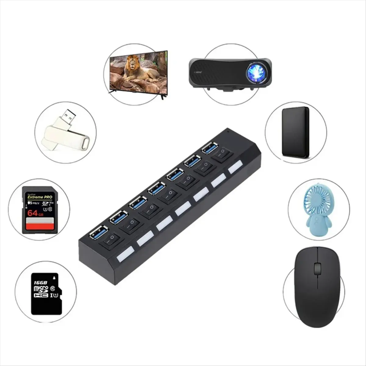 A10I MultiPorts USB HUB 3.0 7Ports Portable SuperSpeed 5Gbps Multiple USB Port Expander with Switches PowerAdapter for PC(US)