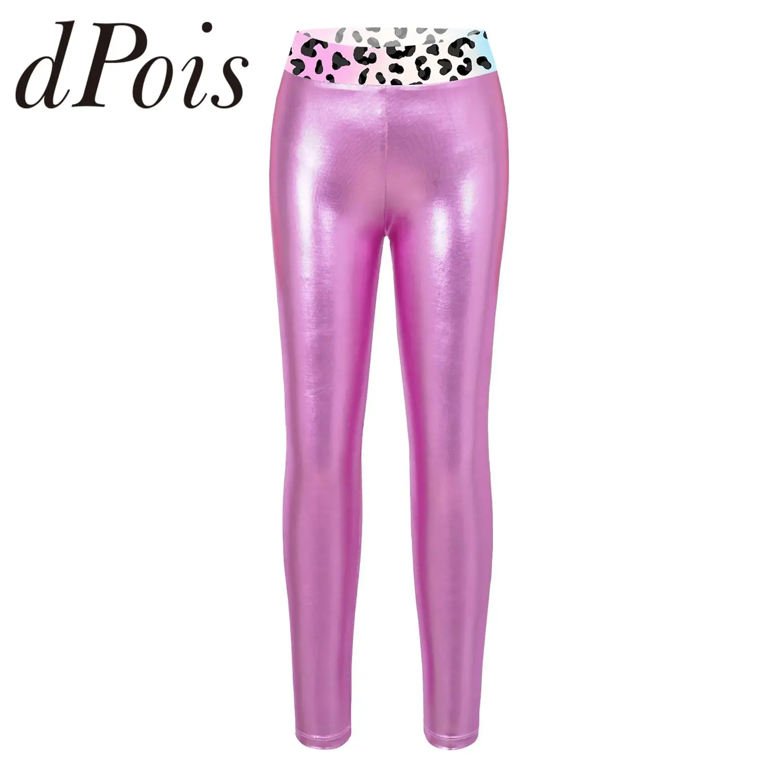 Kids Girls Metallic Ballet Gymnastics Trousers Fashion Shiny Leggings Dancewear Printed Elastic Waistband Pants for Dance Yoga