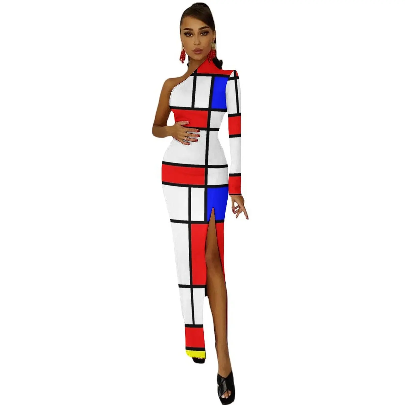 Mondrian vestido bodycon estampado colorido feminino vestido maxi moderno de um ombro vestidos personalizados para festa presente