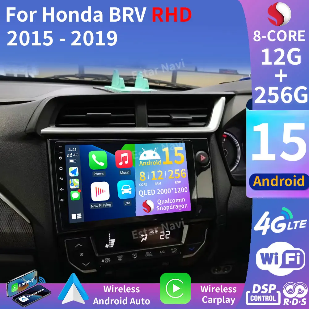 Android 15 Radio del coche para Honda BR-V BRV 2015 2016 2017 2018 2019 unidad principal de navegación estéreo 5G WIFI Multimedia inalámbrico CarPlay